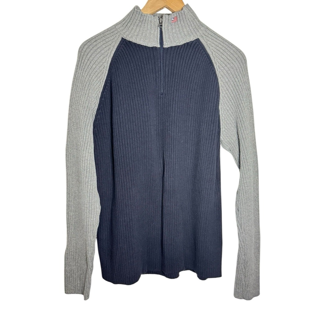 Polo Jeans Co Men Sweater XL Blue Gray‎ Pullover 1/4 Zip Mock Neck 100% Cotton